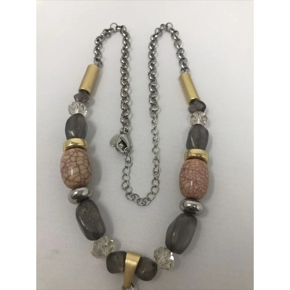 CHICO'S Necklace Chunky Beads Pink Gray Clear Gold Tone Statement